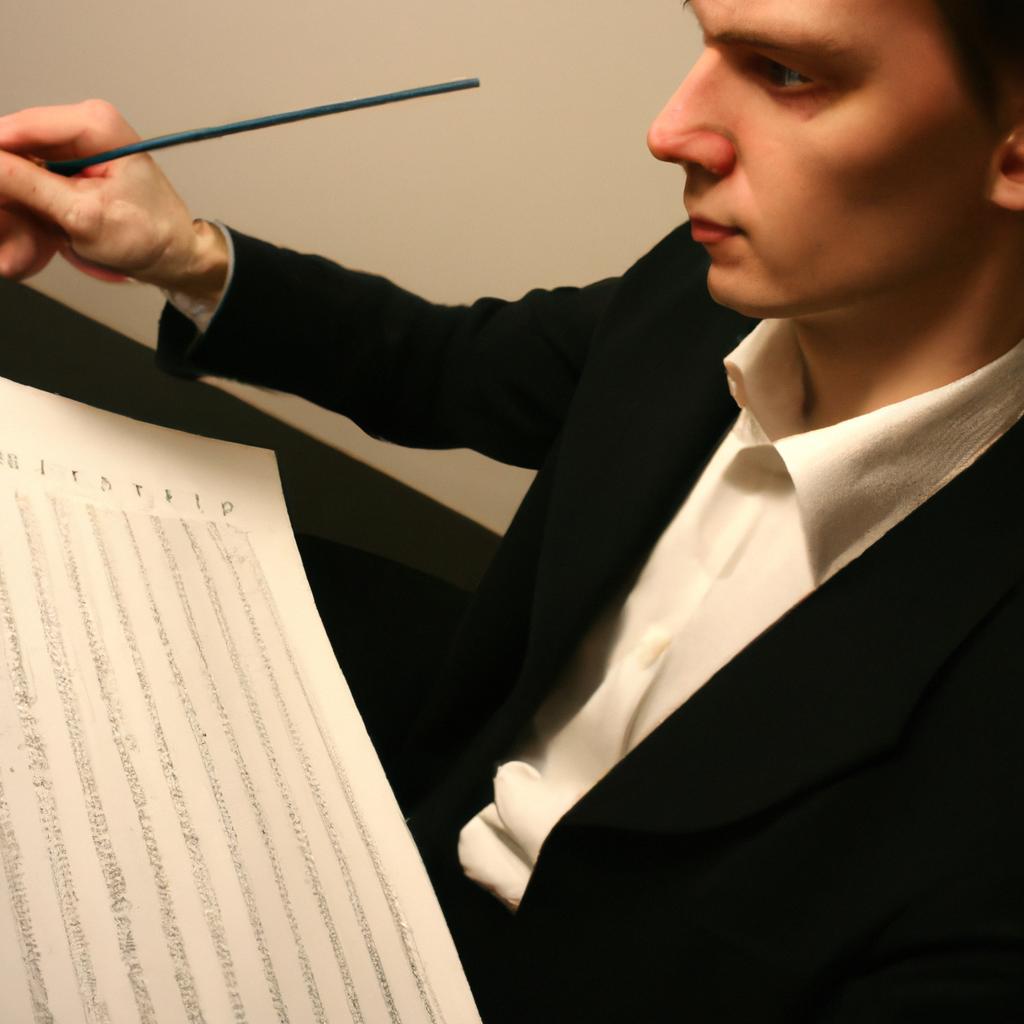 Conductor studying sheet music intently